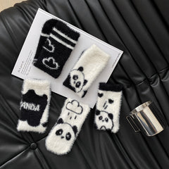 5 Pairs Panda Pattern Plush Socks Soft & Cozy Mid Tube Women's Stockings