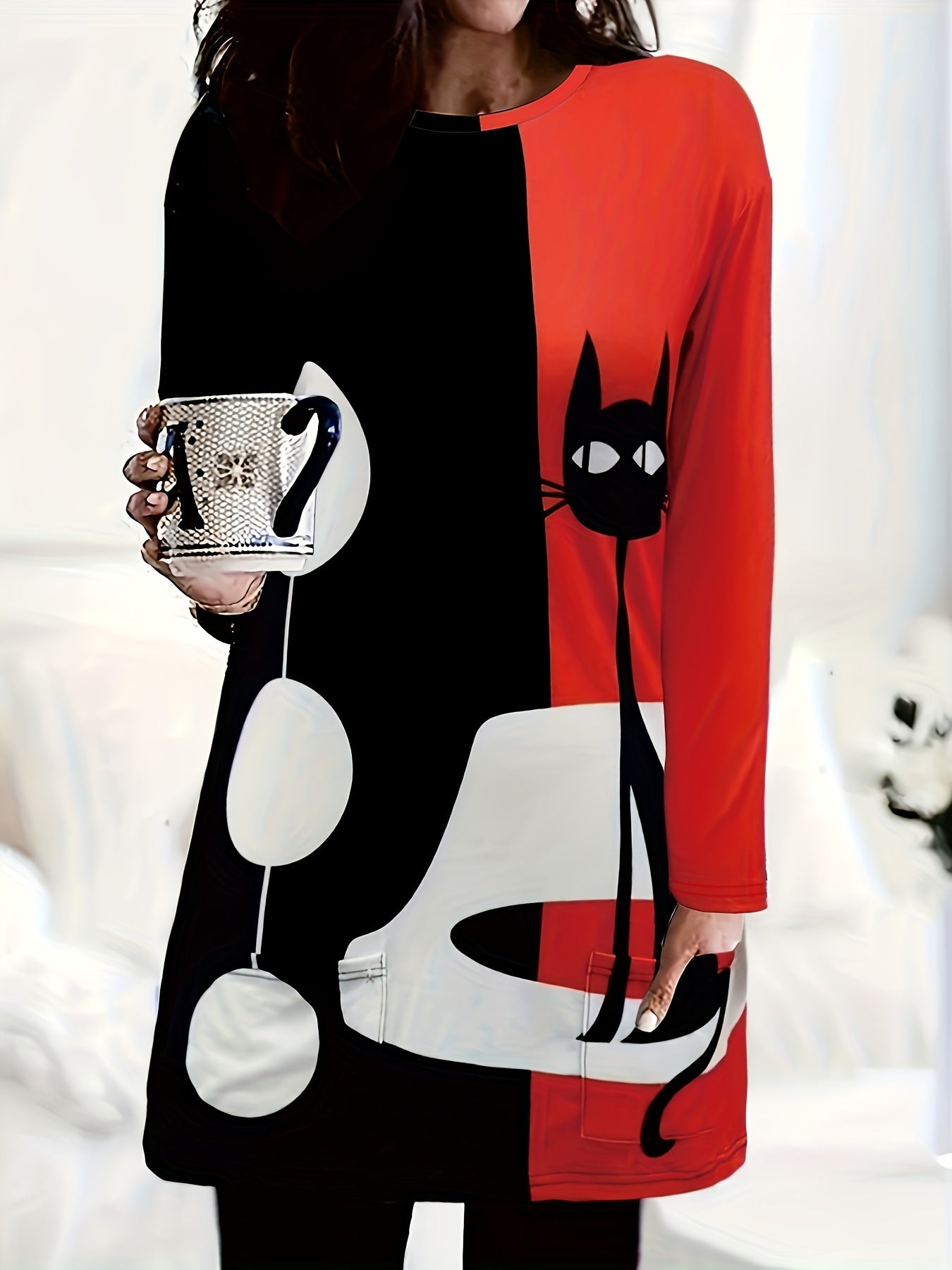 Colorblock Cat Print Long Sleeve Round Neck Dress Plus Size