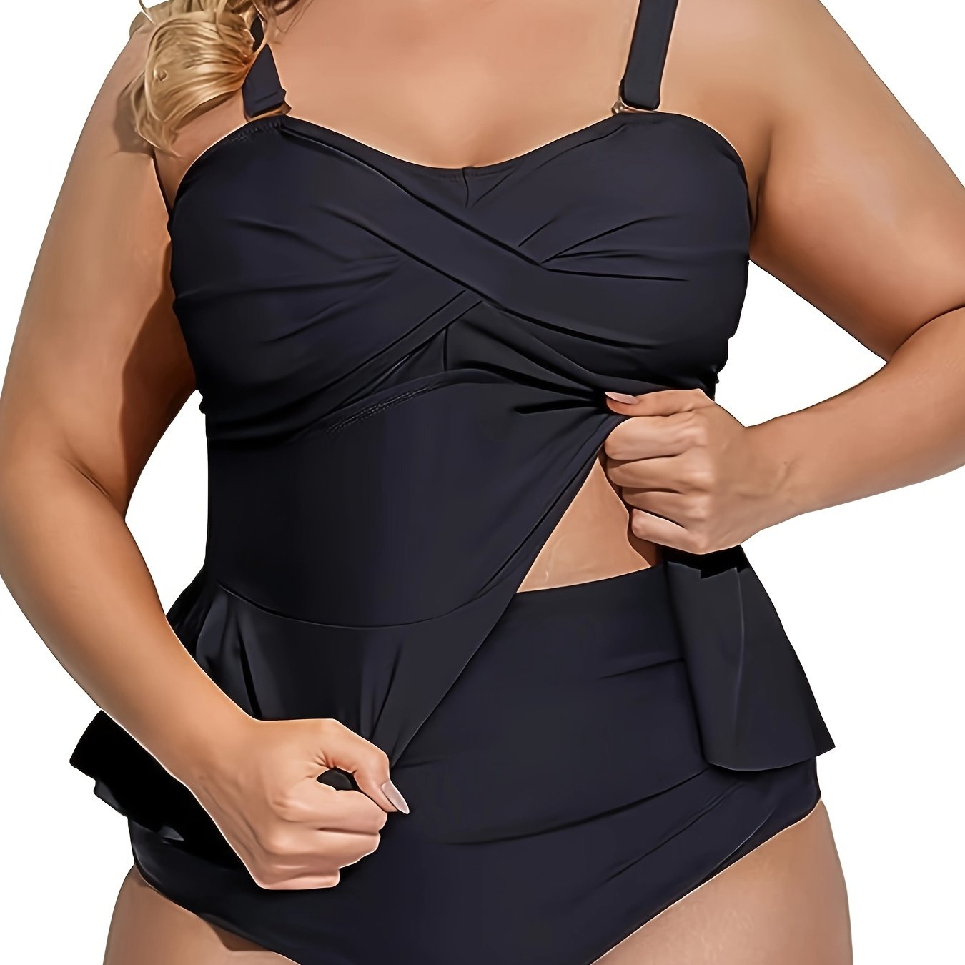  Tankini Set Cross Front Ruffle Trim Top & Ruched Panty Swimsuit