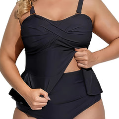  Tankini Set Cross Front Ruffle Trim Top & Ruched Panty Swimsuit