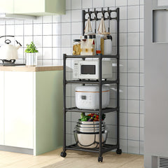 4 Layer Kitchen Storage Rack With Pulleys & Hooks Standing Rack