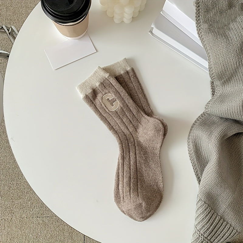3 Pairs Letter Pattern Colorblock Socks Soft Mid Tube Women's Stockings
