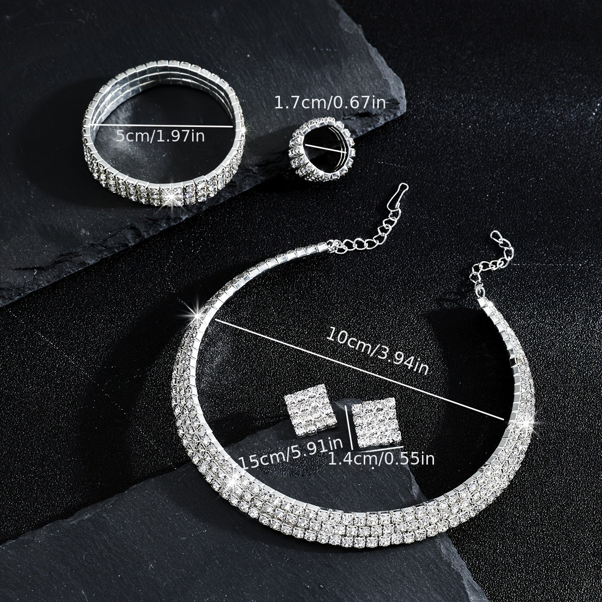 Rhinestone Crystal Jewelry Set: Choker Necklace, Earrings, Bracelet & Ring