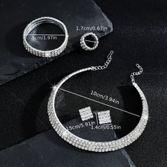 Rhinestone Crystal Jewelry Set: Choker Necklace, Earrings, Bracelet & Ring
