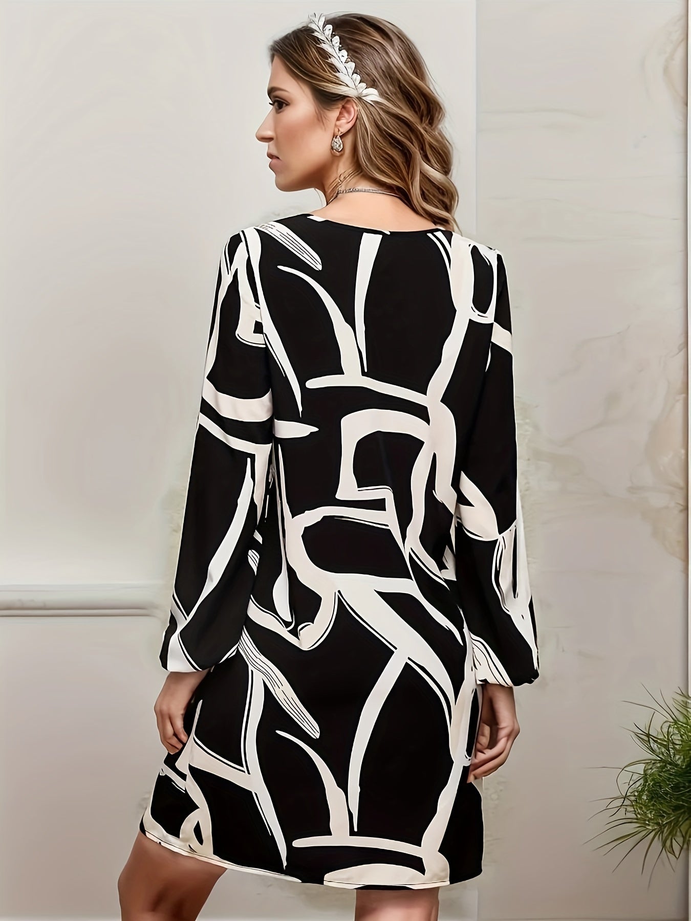  Casual Dress Women's Plus Random Print Long Sleeve Mini Dress