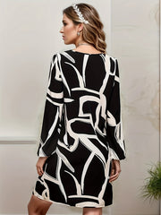  Casual Dress Women's Plus Random Print Long Sleeve Mini Dress