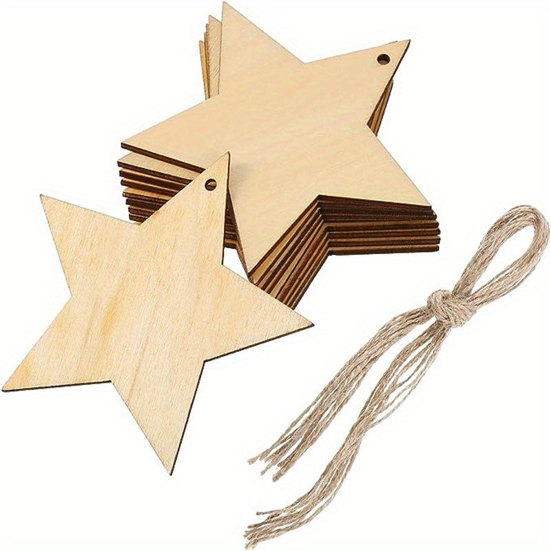 10pcs Wooden Star Ornaments with Hole & Rope DIY Crafts Decoration