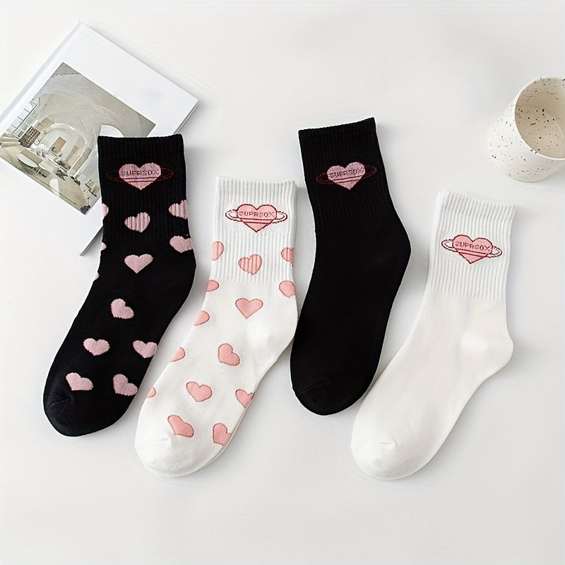 Heart Print Socks 4 Pairs Women's Stockings