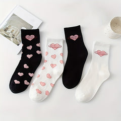 Heart Print Socks 4 Pairs Women's Stockings