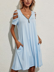  Cut Out Sleeve V Neck Stretch Dress With Pockets