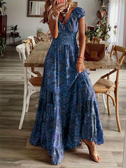  Floral Print Bubble Sleeve V Neck Nipped Waist Maxi Dress