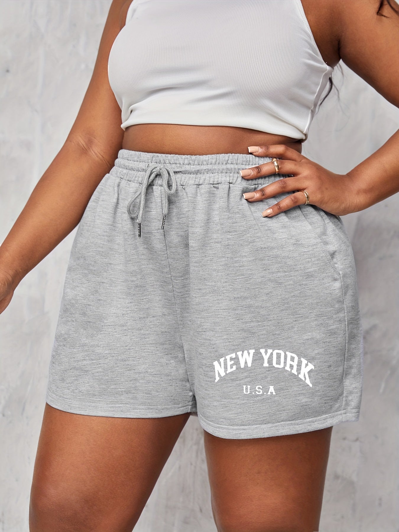  Art Letter Print Elastic Drawstring Casual Shorts