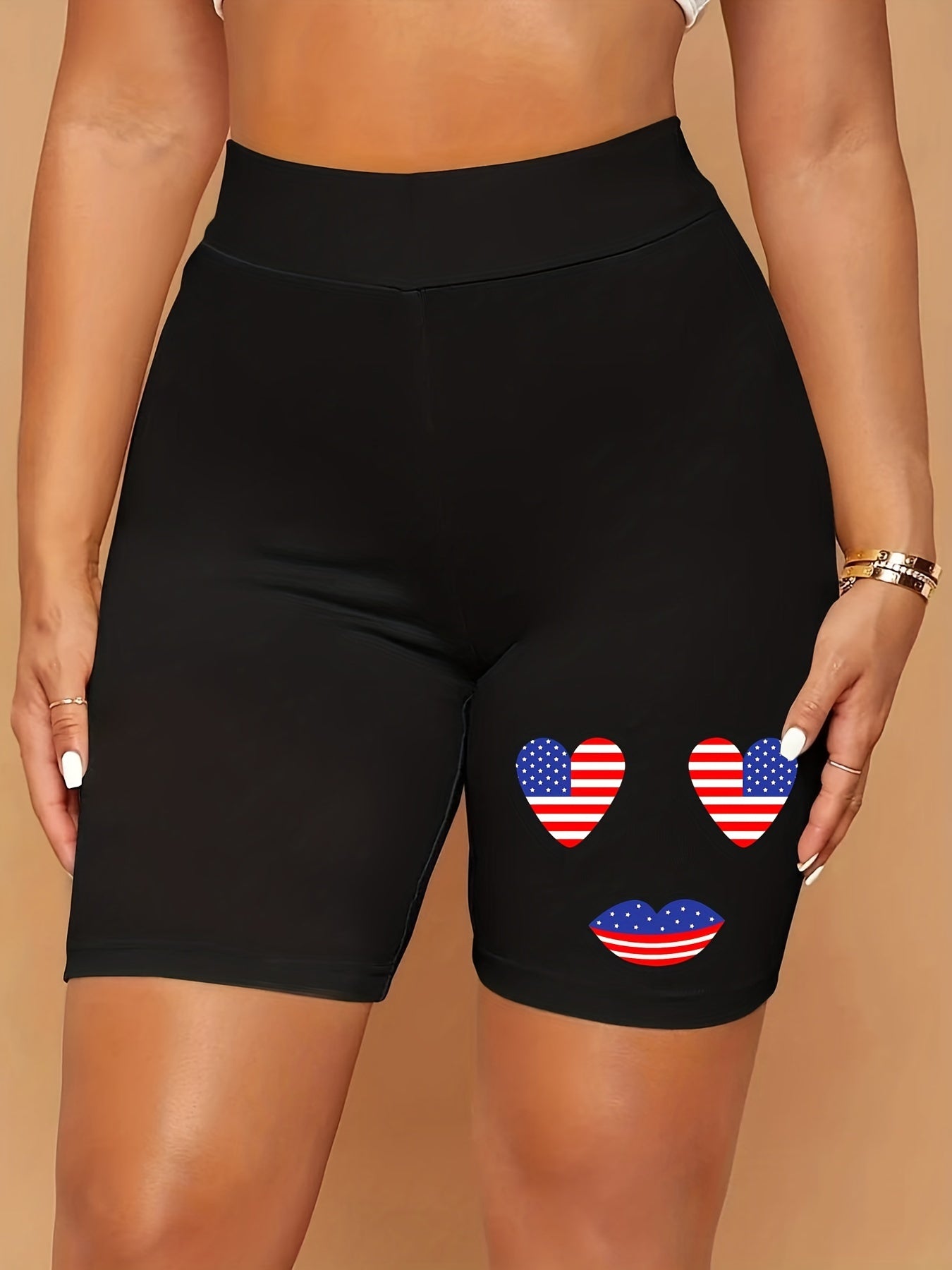  Independence Casual Shorts Women's Plus Flag Heart Print Biker Shorts