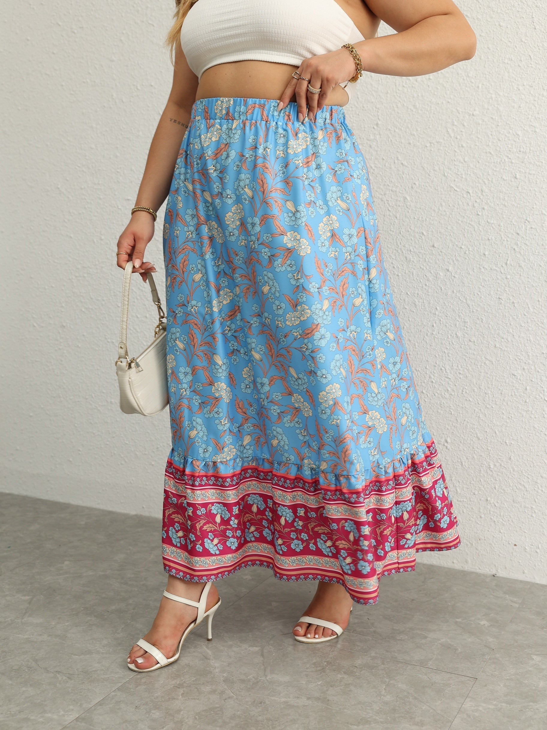  Boho Skirt Floral Print Ruffle Trim Maxi Skirt