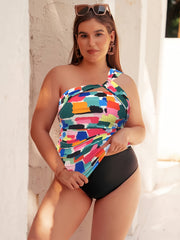  Ruched Tie Dye Tankini Set One Shoulder Swimsuit