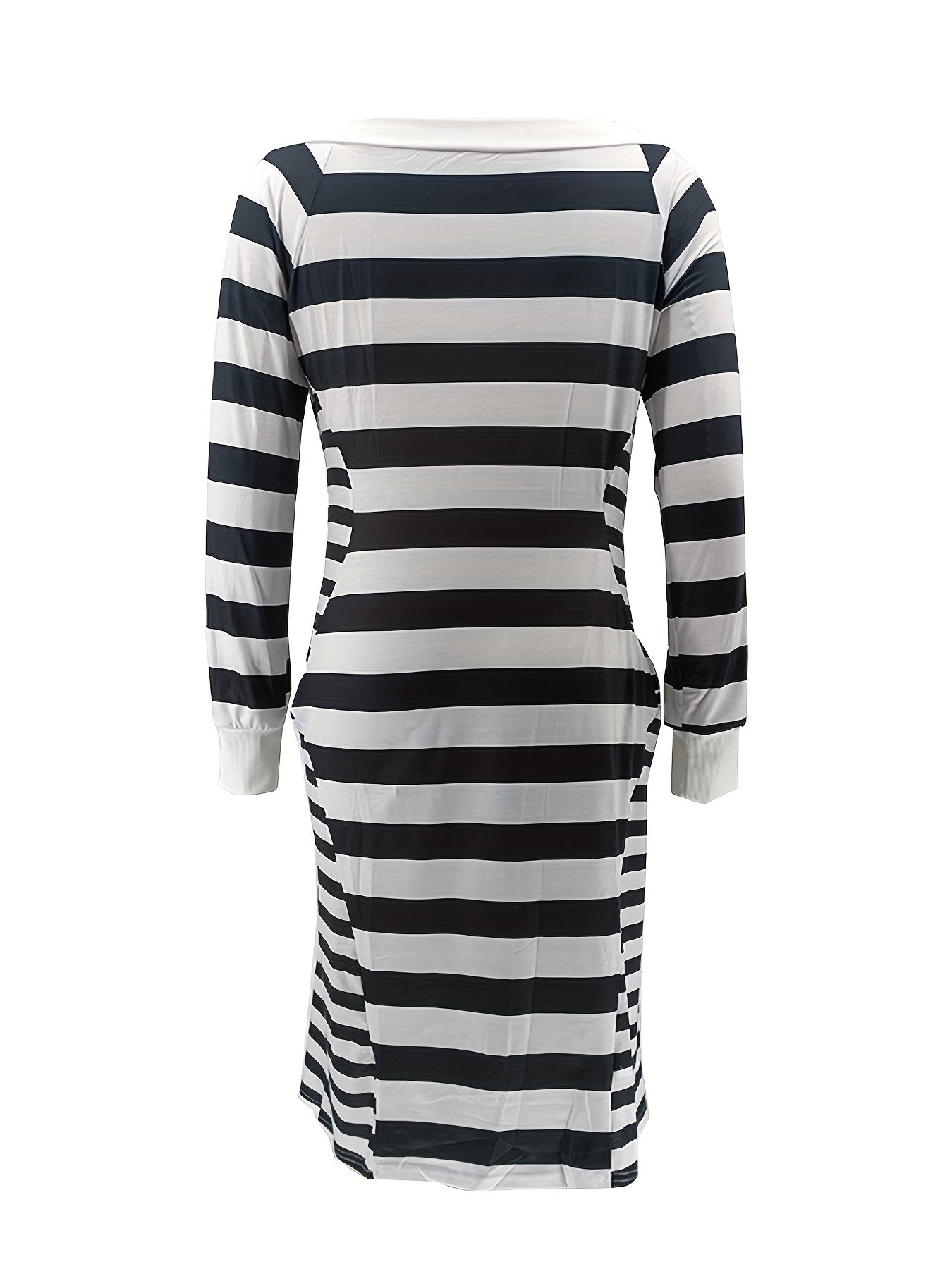  Stripe Print Long Sleeve Boat Neck Dress