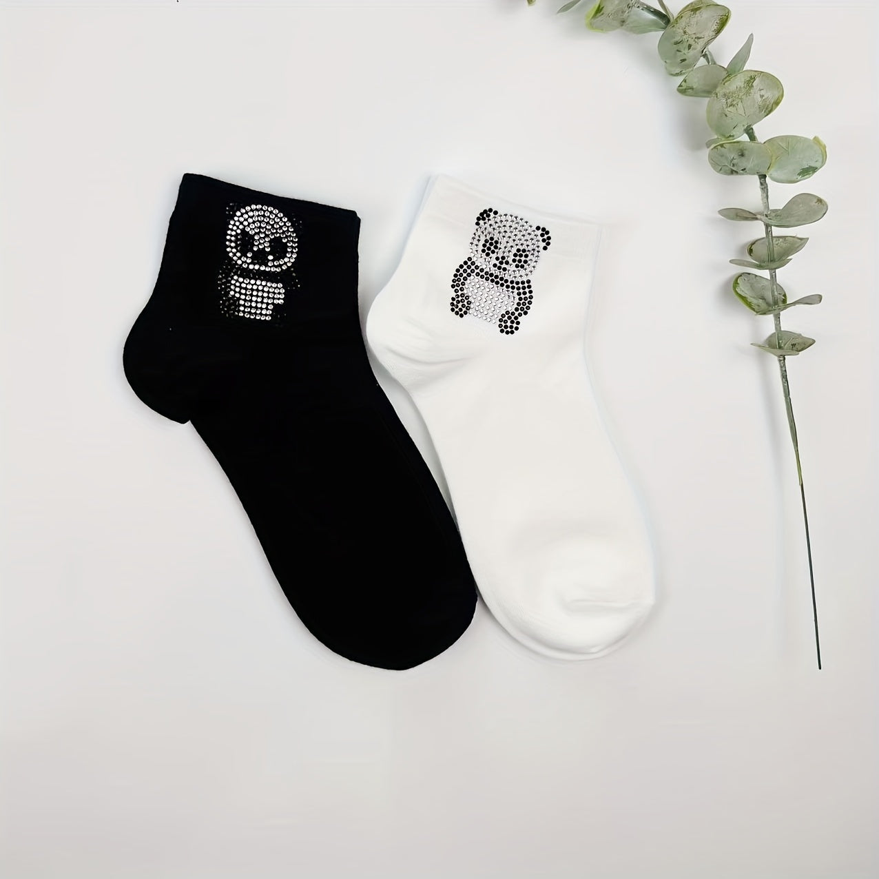 5 Pairs Panda Rhinestone Socks Crew Short Socks Women's Stockings