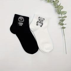 5 Pairs Panda Rhinestone Socks Crew Short Socks Women's Stockings