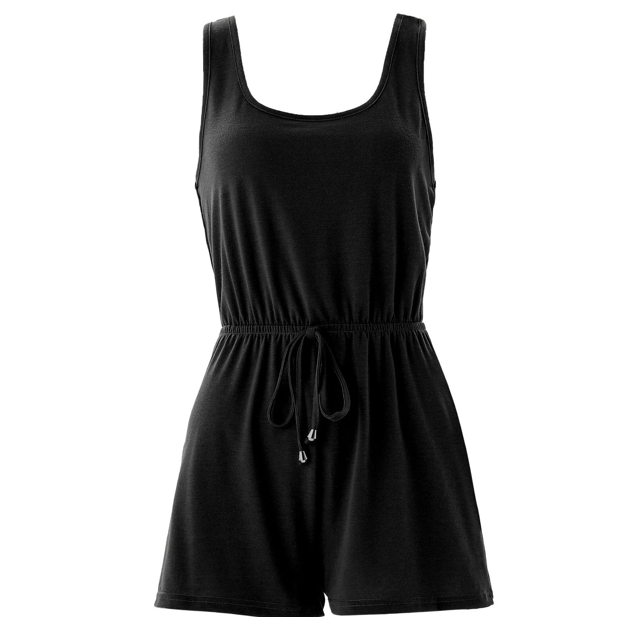 Casual Drawstring Waist Romper Jumpsuit Solid Color Sleeveless Summer Outfit