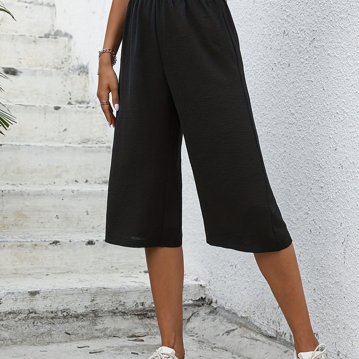 Solid Wide Leg Capris High Waist Pants