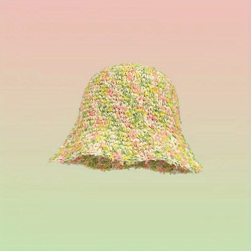 Colorful Straw Bucket Hat Boho Crochet Sunshade Cloche Hats