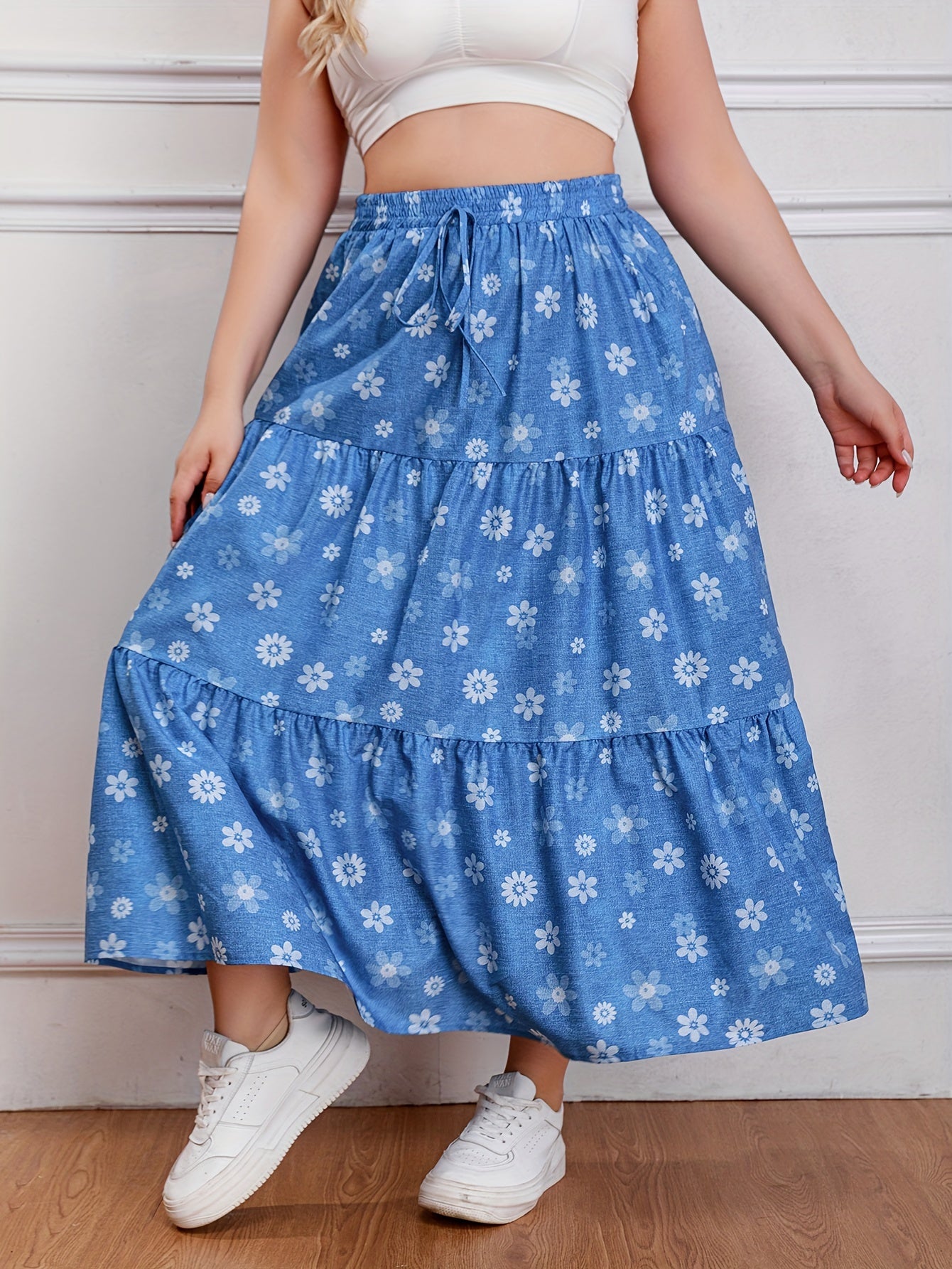  Floral Print Drawstring Maxi Skirt