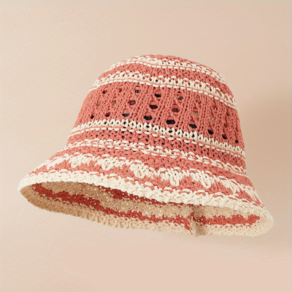 Striped Crochet Bucket Hat Hollow Straw Sun Hat Lightweight Casual Cloche Hat