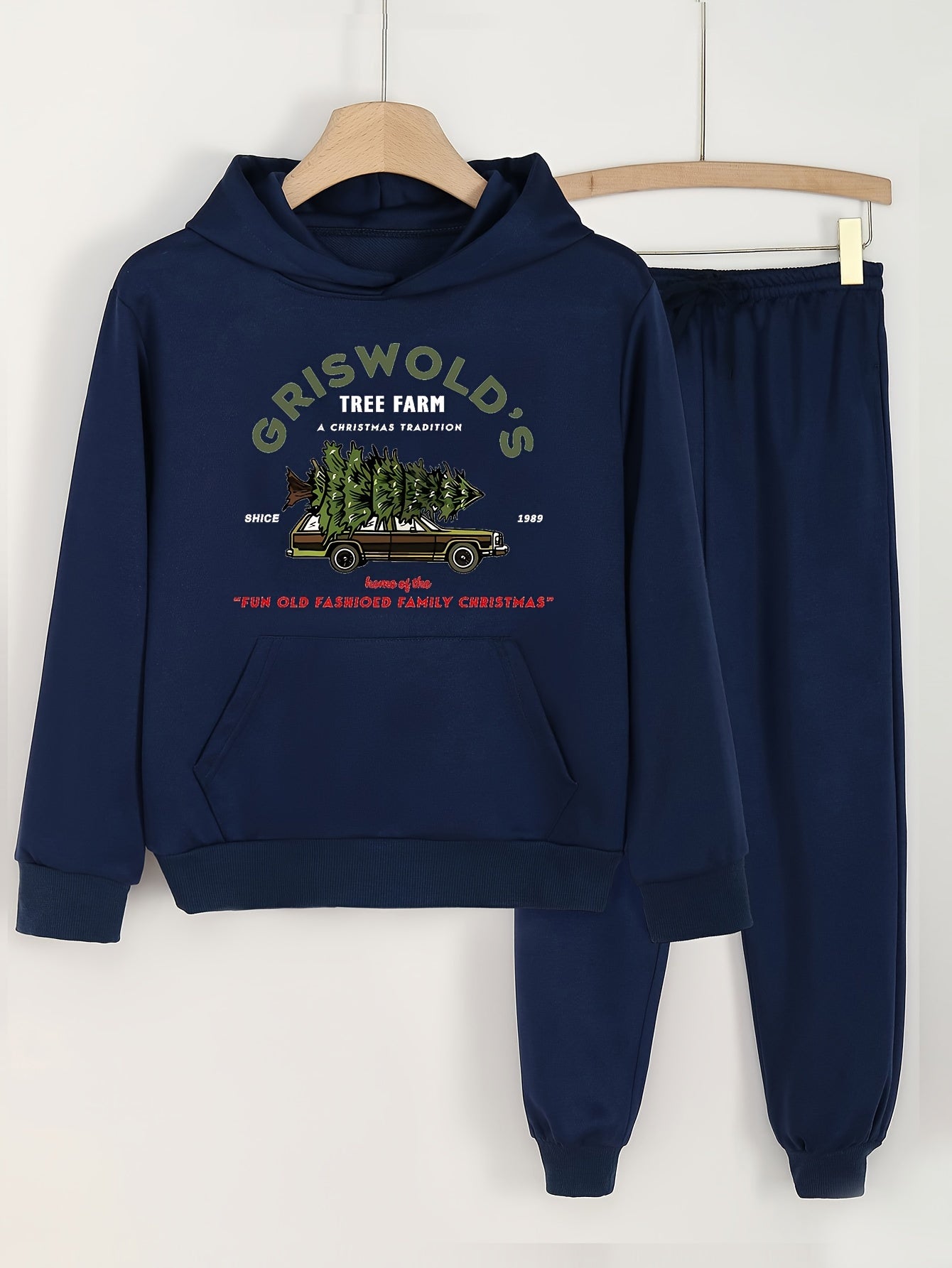 Cartoon Tree Farm Graphic Hoodies & Jogger Pants Set For Girls