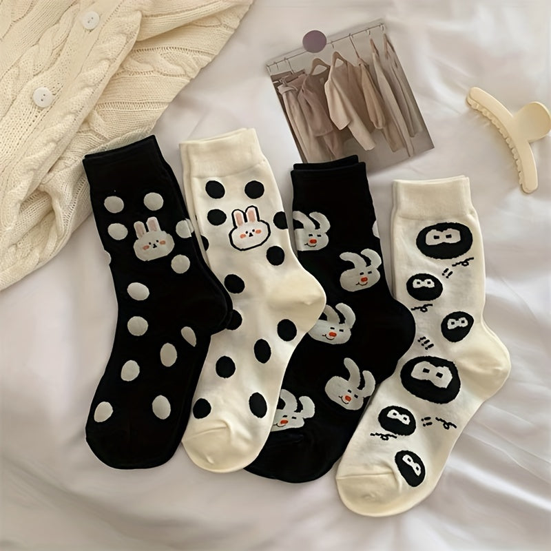 4 Pairs Bunny Print Socks Cute & Comfy Women's Stockings & Hosiery