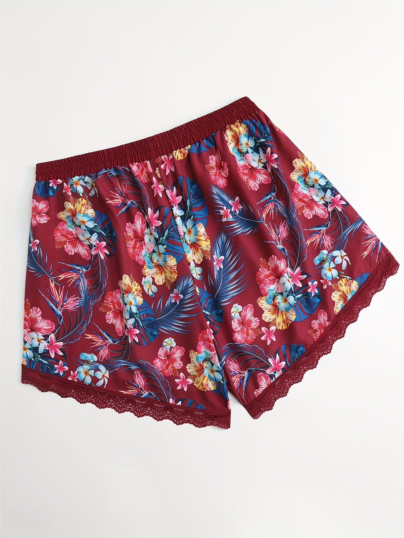  Boho Pajama Shorts Women's Plus Tropical Print Lace Trim Shorts