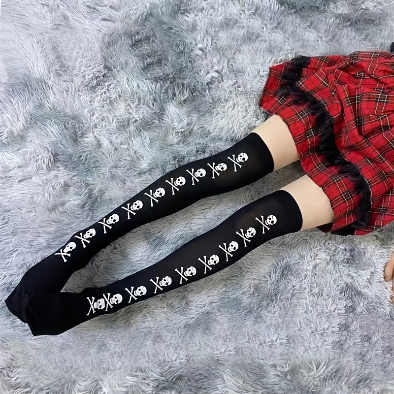 Skull Print Thigh High Socks Halloween Over The Knee Stockings