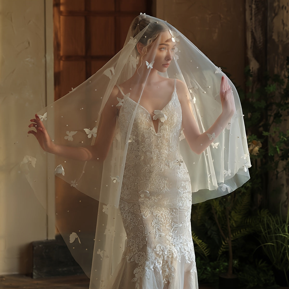 Vintage European Romance Wedding Veil with Pearls & 3D Butterfly