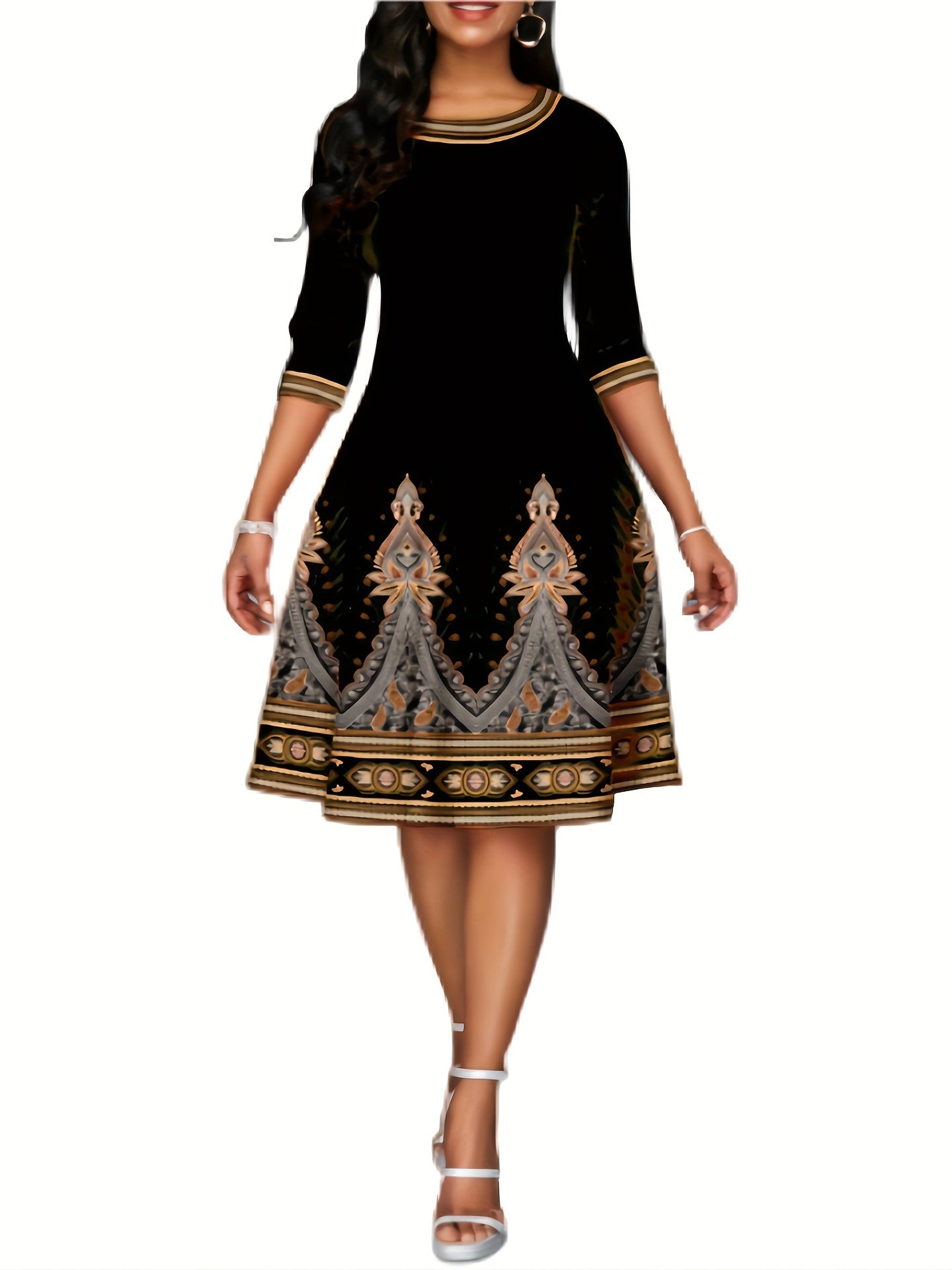  Ethnic Style Dress Women's Plus Paisley Floral Print Half Sleeve