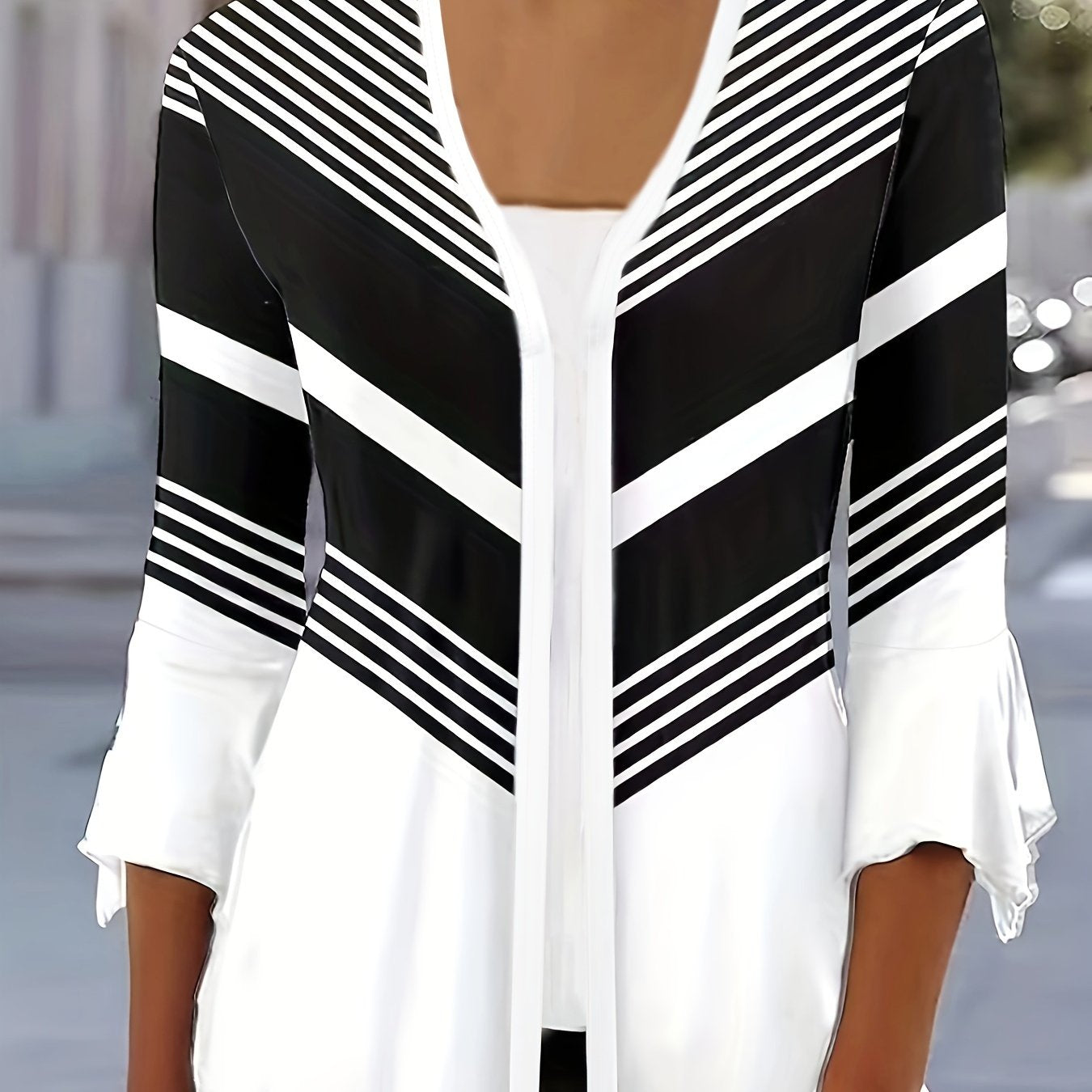  Colorblock Striped Bell Sleeve Cardigan