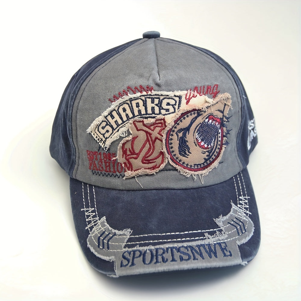Vintage Washed Embroidery Shark Letter Baseball Cap Men's Sun Visor