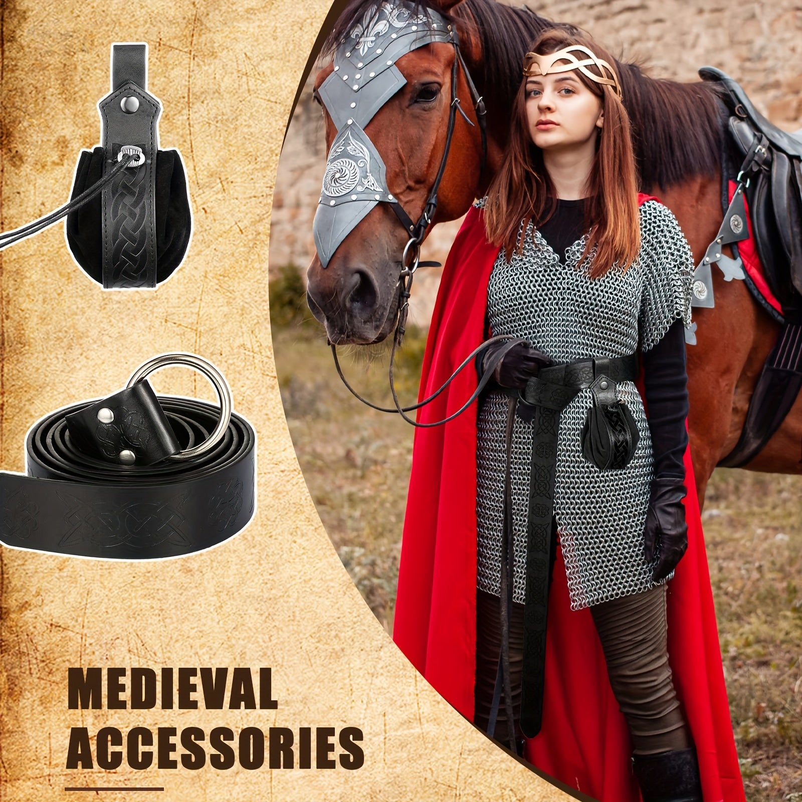 2pcs Medieval Viking Belt Faux Leather Belt Pouch Renaissance Cosplay Set