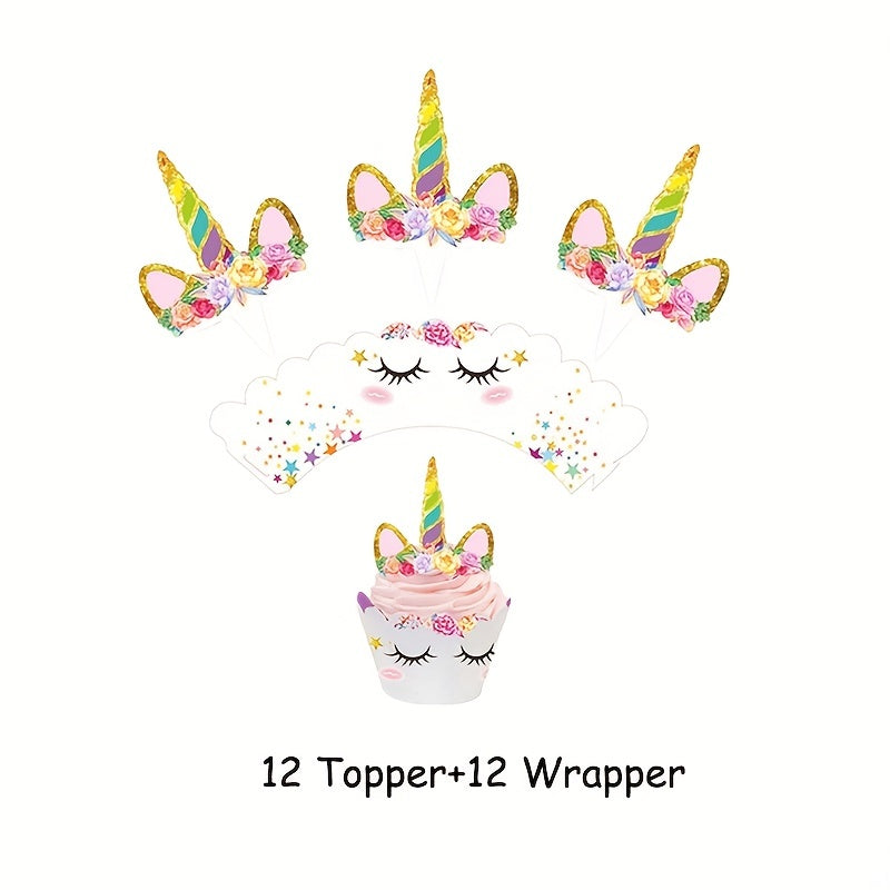 Unicorn Cup Cake Toppers & Wrappers Rainbow Liners, Girl Birthday Party Supplies