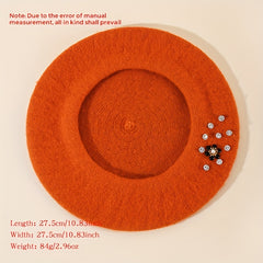 Orange Beads Flower Beret Cap Women Warm Elastic Berets Beanie