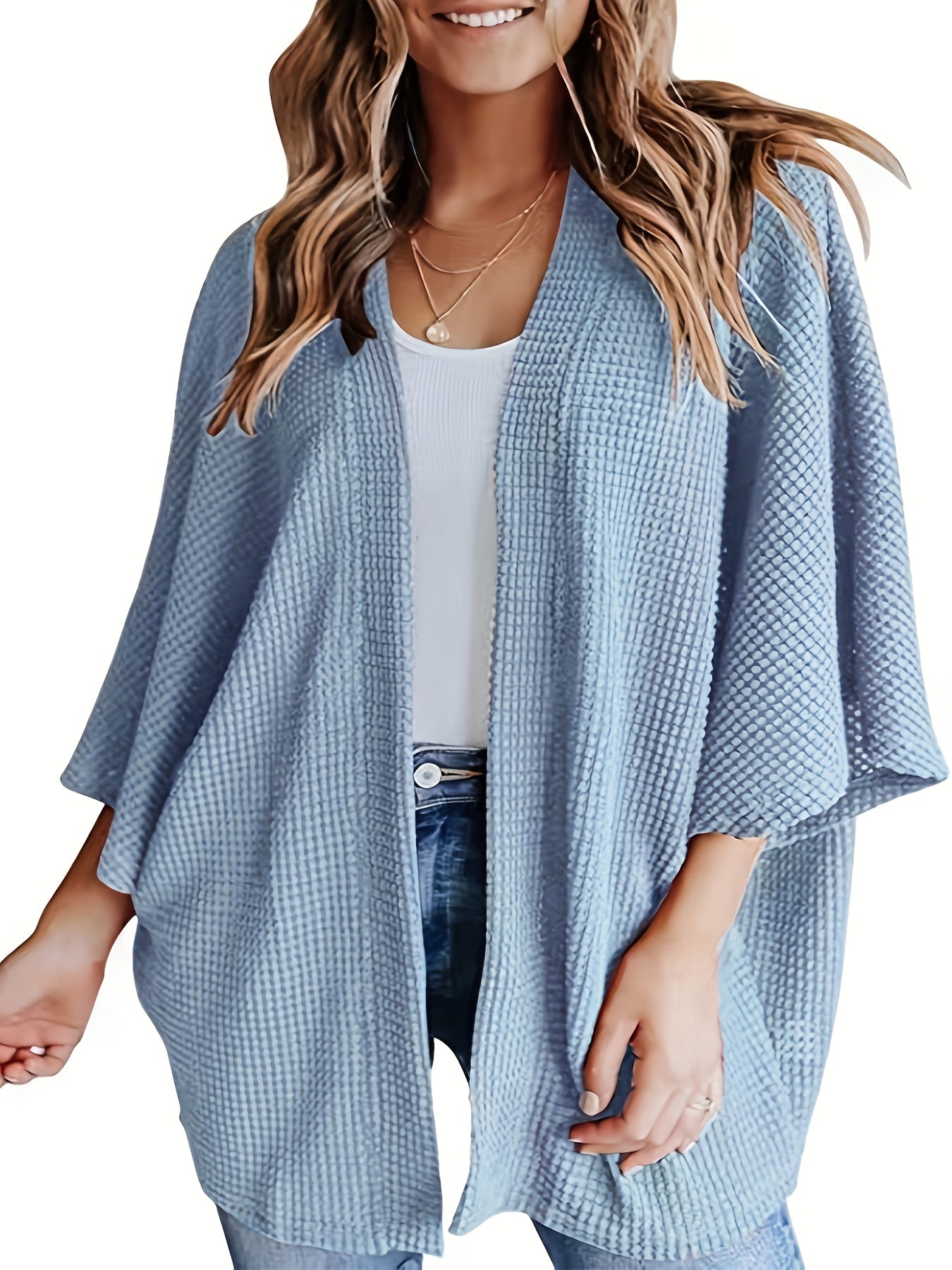  Solid Waffle Knit Bat Sleeve Cardigan