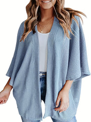  Solid Waffle Knit Bat Sleeve Cardigan