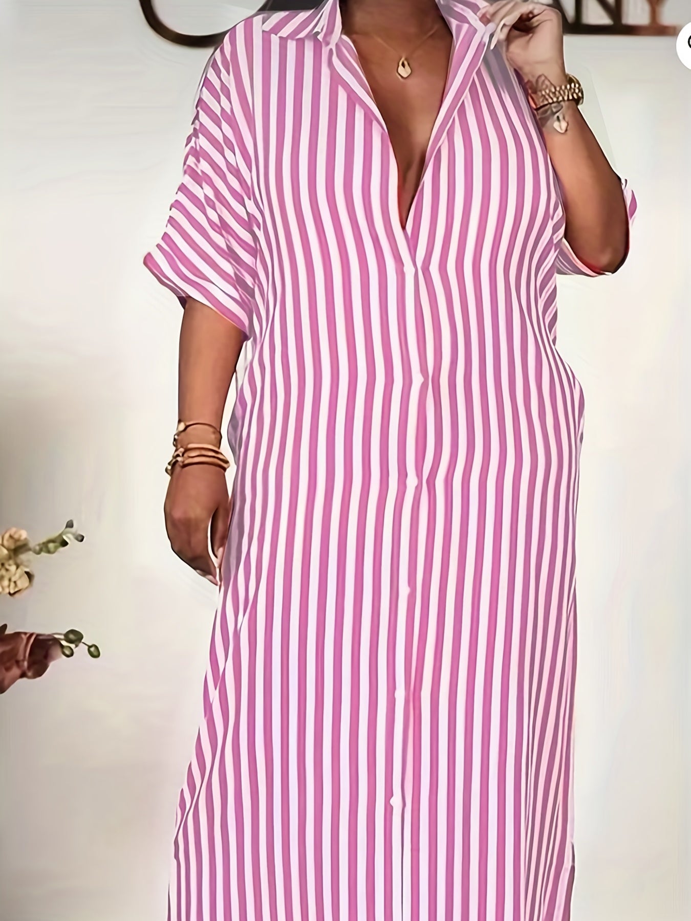 Women's Plus Stripe Print Button Up Maxi Shirt Dress