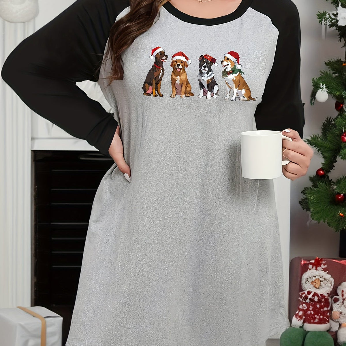  Christmas Lounge Dress Women's Plus Christmas Puppies Raglan Nightdres