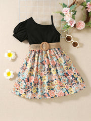 Girls Short Bubble Sleeve Floral Dress Kids Summer Clothes