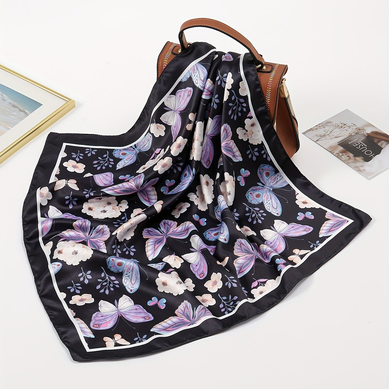 Butterfly Print Bandana Casual Square Scarf Women Neckerchief Head Wrap Hair Acc