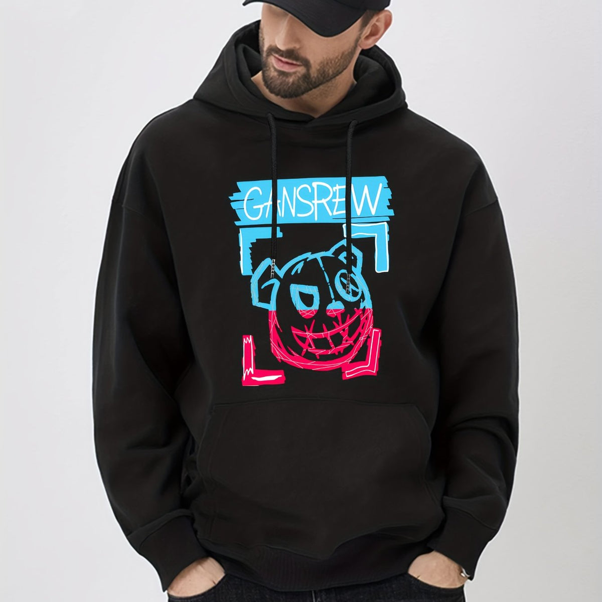 Evil Bear Print Hoodie Men's Graphic Pullover Hooded Sweatshirt