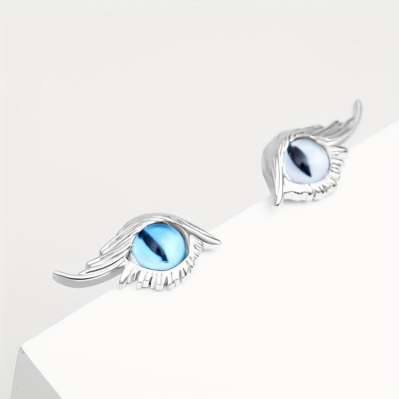 Cat Eye Stud Earrings w/ Feather 2pcs Pair