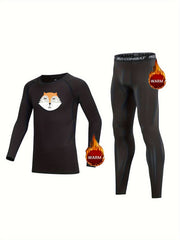 2pcs Kids Compression Fleece Sets Cartoon Fox Pattern Crew Neck Pullover