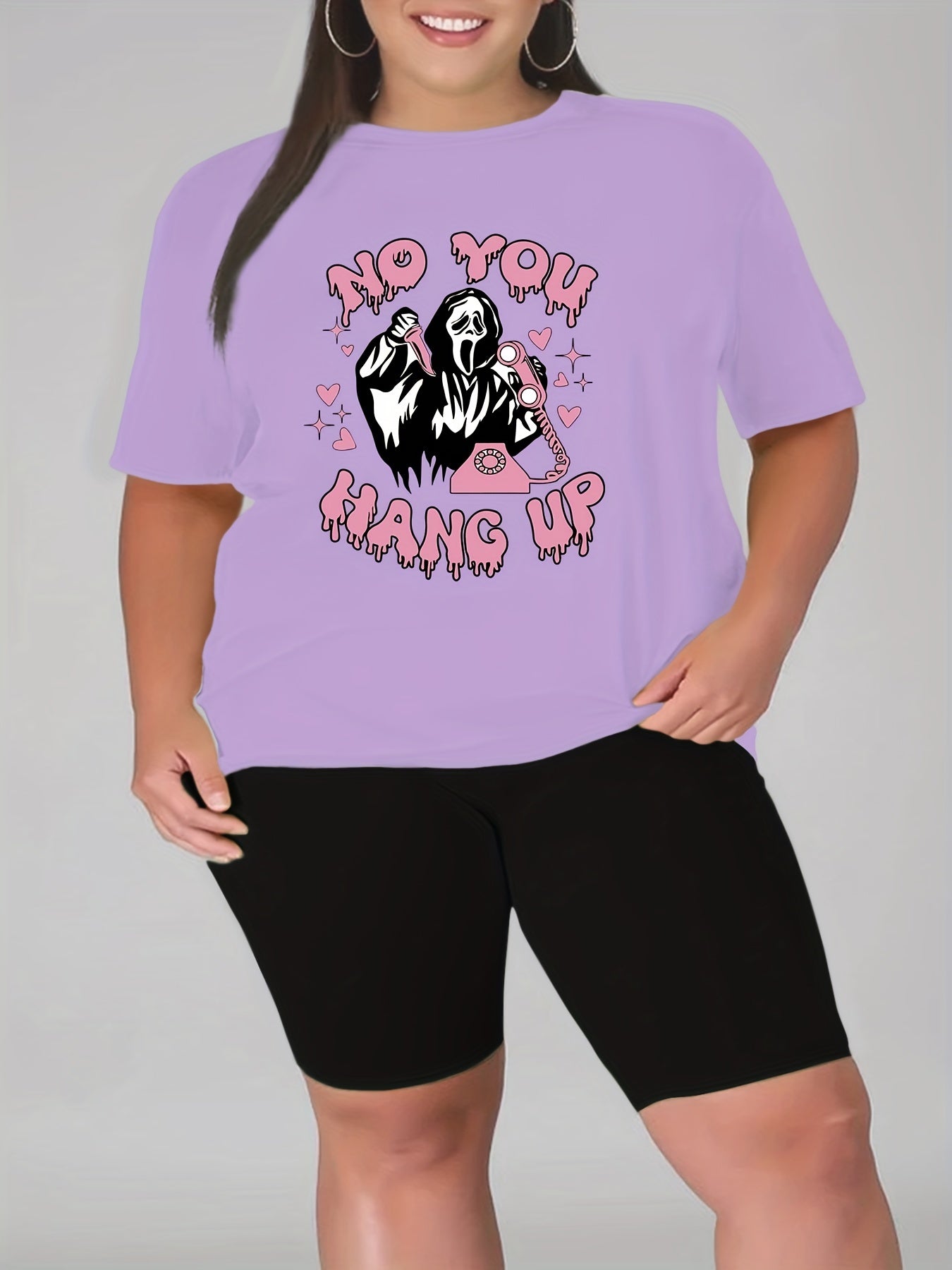  Funny Skull & Slogan Print T-shirt & Biker Shorts Outfit Set