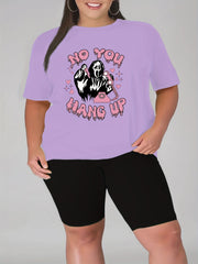  Funny Skull & Slogan Print T-shirt & Biker Shorts Outfit Set