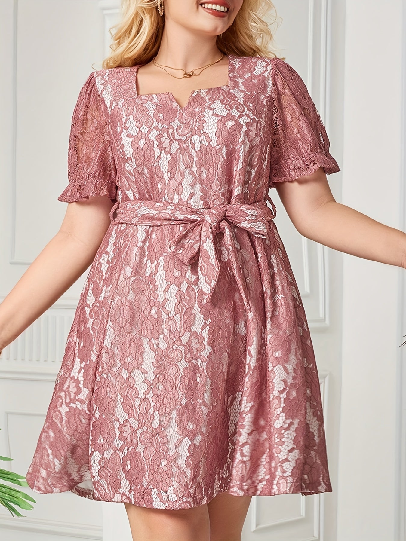  Solid Lace Puff Sleeve Mini Dress With Belt